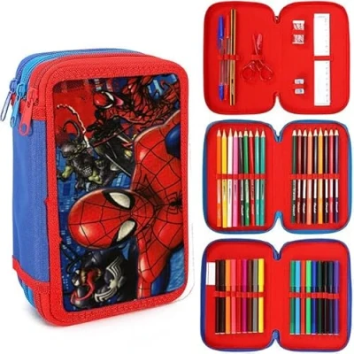 Image of Spiderman Filled Pencil Case Full Stationery School Supplies Set for Kids 3 Tier with Pens, Pencils &amp; Markers Spidey