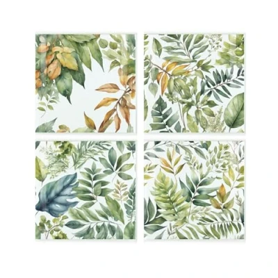 Image of Green Leaves Coaster Set Square Glass Foliage Forest Print of Four (4) Coasters