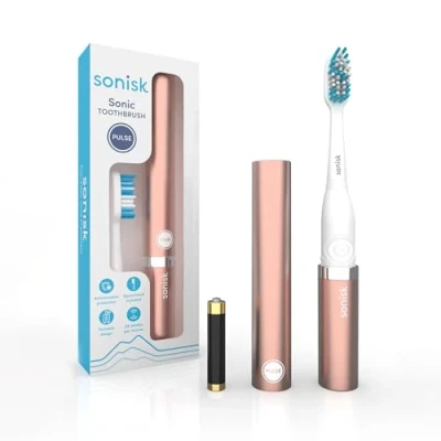 Image of Sonisk Pulse Battery Powered Electric Toothbrush Portable Travel Size with Antimicrobial Sonic Technology 1x Battery, 2X Brush Heads, Case Included (Rose Gold)