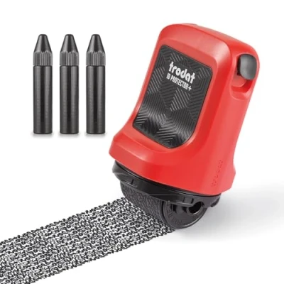 Image of Trodat ID Protector+ Ink Roller Identity Theft Protection Stamp with Integrated Box &amp; Letter Opener (3in1) incl. 3 Refill Inks