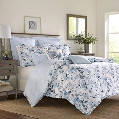 Image of Laura Ashley Home Twin Duvet Cover Set, Reversible Cotton Bedding with Matching Sham, Lightweight Decor for All Seasons (Chloe Blue, Twin)