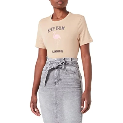 Image of ONLY Women&#039;s ONLKITA REG S/S Flamingle TOP Box JRS T Shirt, Nomad/Print:Flamingo, M