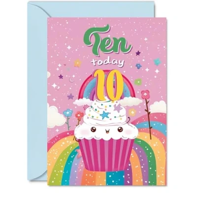Image of 10th Birthday Card Girl Cupcake Rainbow Happy for 10 Year Old Girl, Age Girls Cards, A5 Bday Greeting