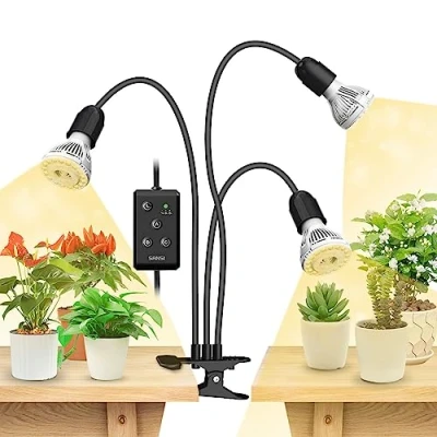 Image of SANSI 450W LED Grow Lights for Indoor Plants, Lifetime Free E27 Bulb Replacement, Full Spectrum 3 Gooseneck Clip Plant Lamp with Timer 4/8/12 Hrs Seedlings Growing Black