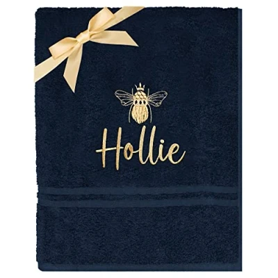 Image of TeddyT&#039;s Personalised Gold Bee Embroidered Towel (Bath Towel, Navy)