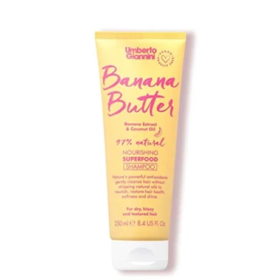 Image of Umberto Giannini Banana Butter Nourishing Superfood Shampoo, Vegan &amp; Cruelty Free Moisturising Formula for Dry, Textured or Frizzy Hair, 250 ml