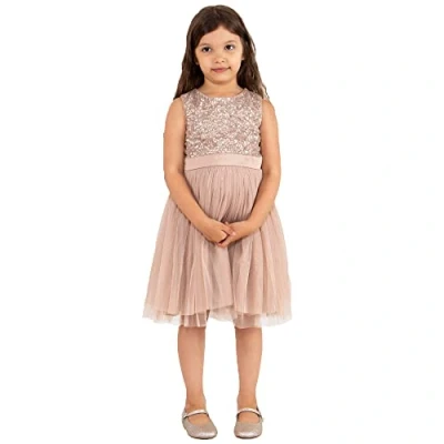 Image of Maya Deluxe Girl&#039;s Midi Dress Sequins Embellished Party Tutu Bridesmaids Wedding with Belt Bow, Taupe Blush, 7 Years