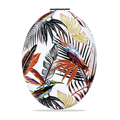 Image of Elegant Compact Beauty Vanity Mirror for Girls Women, Premium 1X/2X Magnifying Travel Makeup Mirrors Small Handheld, Portable 2 Sided Folding Cosmetic Oval, Leaves and Birds Pattern