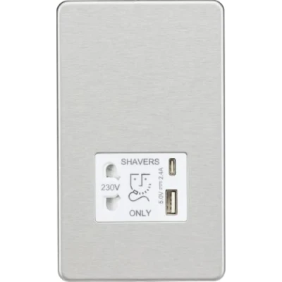 Image of KnightsBridge Shaver socket with dual USB A+C (5V DC 2.4A shared) brushed chrome white insert