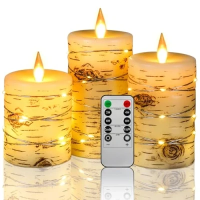 Image of Candle Lights Birch Bark Effect Recessed Light String Set of 3(10cm .5cm cm) Ivory Real Wax Pillar Battery Operated Candles with Dancing LED Flame 10 Key Remote Control(No Battery)