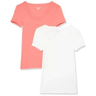 Image of Amazon Essentials Women&#039;s Slim Fit Short Sleeve V Neck T Shirt, Pack of 2, White/Hot Pink, M