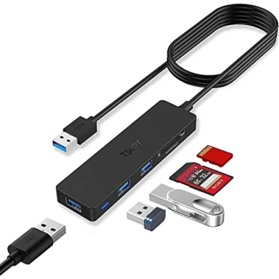 Image of TSUPY USB Hub 3.0, 5 in 1 Card Reader with 120cm Extension Cable, 3 x 3.0 Ports + SD/TF Extender for PC, Laptop, Flash Drives, PS4, HDD and More