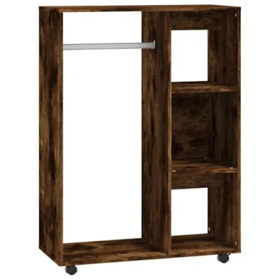 Image of vidaXL Engineered Wood Wardrobe in Smoked Oak Finish Ample Storage with Open Compartments and Side Shelves, Mobile Closet for Bedroom