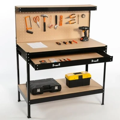 Image of SwitZer New Black Steel Garage Tool Box Toolbox Work Bench Workbench Storage With Drawers Pegboard and 12 Pegs Shelf DIY Workshop Station