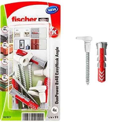 Image of fischer EasyHook Angle K (4), set of 4 angled hook screws &amp; DuoPower 8 x 40 plugs, chipboard with hooks, flexible screw hooks for mounting in numerous building materials