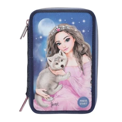 Image of Depesche 13150 TOPModel LED Wolf Filled 3 Compartment Pencil case in Dark Blue, with Model Motif and Lights, Colored Pencils, Ruler, Scissors Much More.
