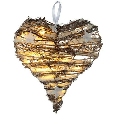 Image of WeRChristmas Pre Lit Rattan Warm White LED Heart with Snow and Stars Christmas Decoration, 20 cm Multi Colour