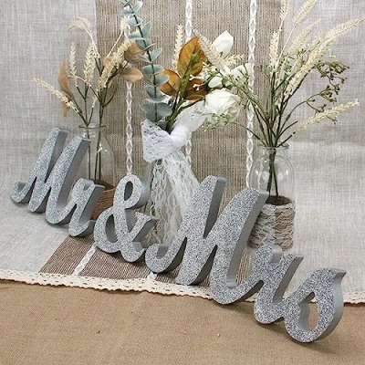 Image of Mr &amp; Mrs Wooden Letters for Wedding Table, Silver Large Mr. and Mrs. Sweetheart Table Decoration, Mister Miss Wood Sign， Ms Present (Mr&amp;Mrs Silver)