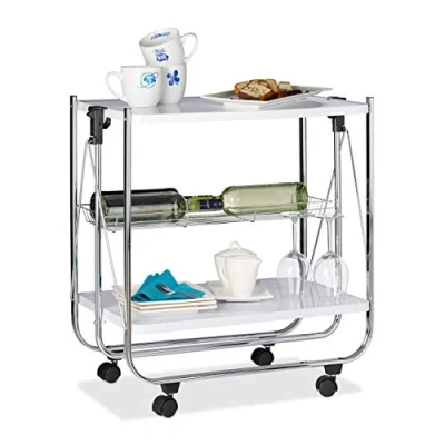 Image of Relaxdays Foldable Serving Trolley, 4 Wheels, 2 Shelves, Basket, HxWxD: 68.5 x 68 40.5 cm, White, Steel, 40.5x68x68.5 cm