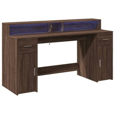 Image of vidaXL Desk with LED Lights Writing Working Table Brown Oak Engineered Wood