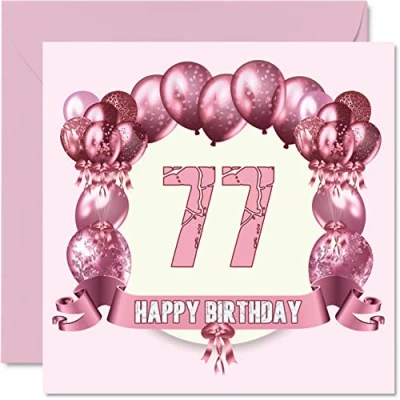 Image of Fun 77th Birthday Cards for Woman Balloons Happy Card Dad Mum Great Grandad Grandpa Nanny Grandma Gran Uncle Auntie, 145mm x Greeting Cards,
