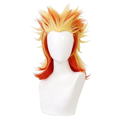 Image of HIROAKIYA Kyojuro Rengoku Wig, Demon Slayer Kimetsu no Yaiba Cosplay Wig Clip Ponytail with Cap