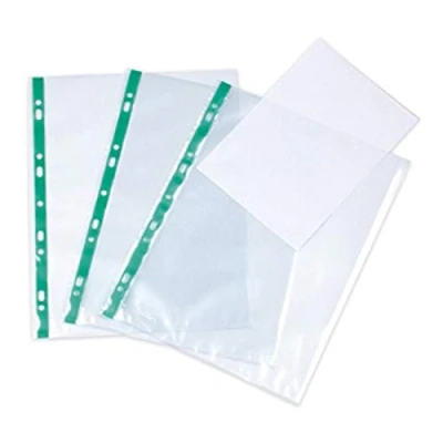 Image of KAV Deluxe Glass Clear A4 Punched Pockets with Green Strip Heavy Duty, Anti Glare Finish, Multi Spine, 60 Micron Thickness Organize and Protect Documents in Style (100)