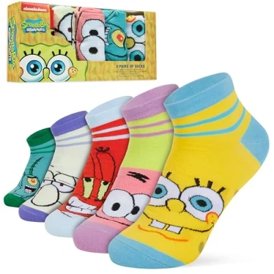 Image of SPONGEBOB SQUAREPANTS Mens Ankle Socks, Soft and Breathable Socks Pack of 5 Gifts for Him