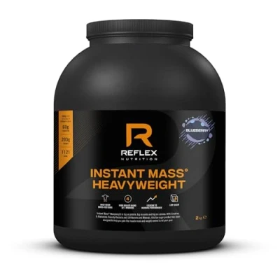 Image of Reflex Nutrition Instant Mass Heavyweight Protein Shake Mix, Gainer, Over 1000 Kcal per Serving, 60 g Protein, Creatine, High Calorie Post Workout or Before Bed, Blueberry, 2 kg