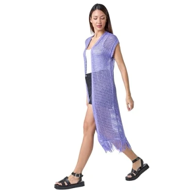 Image of Roman Womens Longline Shimmer Tassel Knit Kimono Purple Denim Size 12 UK
