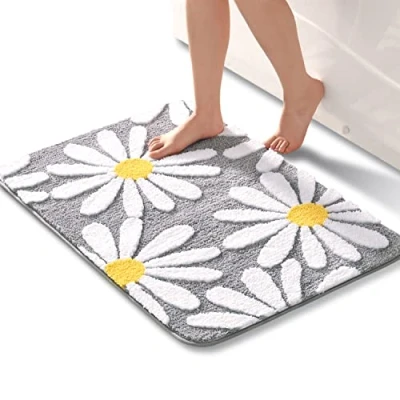 Image of QJHOMO Grey Bathroom Rug Cute Daisy Bath Mat Non Slip Washable White and Yellow Flower Soft Shower Absorbent 60 x 90 cm
