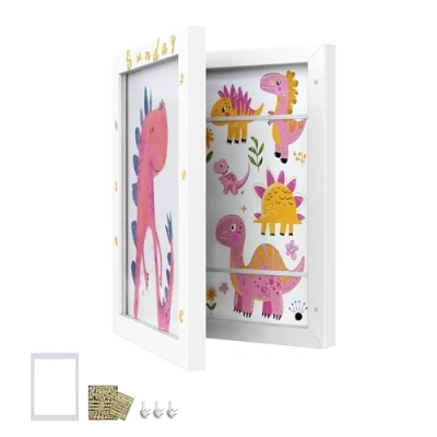 Image of SONGMICS Kids Art Frames, Set of 2, Artwork Frame, A4, 8.5x11 Picture Each Holds up to 150 Drawings, MDF, Glass, Includes Mats, Stickers, Non Trace Nails, 34.5 x 25.5 cm, Matte White RPF052W02