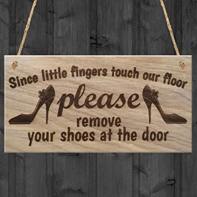 Image of Red Ocean Since Little Fingers Touch Our Floor Please Remove Your Shoes At The Door Plaque Wooden Sign Hanging Gift