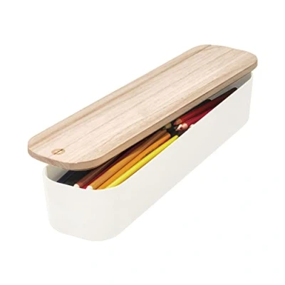 Image of iDesign Drawers Unit, Small Made of BPA Free Recycled, Plastic Storage Box with Lid from Paulownia Wood, White, Polypropylene, Coconut, 7.3 x 9.1 36.8 cm