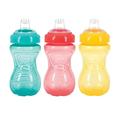 Image of Nuby 3 Pack No Spill Toddler Sippy Cups Proof with Easy and Firm Grip BPA Free Toddlers Aqua, Coral, Yellow