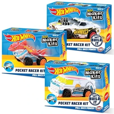 Image of BLADEZ Hot Wheels Toyz Pocket Racer Maker Kitz 3 Pack Build &amp; Race Mini Cars Pull Back Motors for Turbo Performance Easy Snap Fit Assembly Works on Track COLOURS WILL VARY