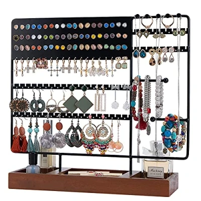 Image of Optyuwah Earring Holder Stand Jewelry Jewellery Organiser, Organiser Stand, Display Rack with Wooden Tray for Earring, Ear Stud, Ring, Necklace, Black
