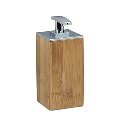 Image of Relaxdays Bamboo Soap Dispenser, Refillable, Square, Size: 17 x 7 cm, Lotion 225 ml, Wood, Natural
