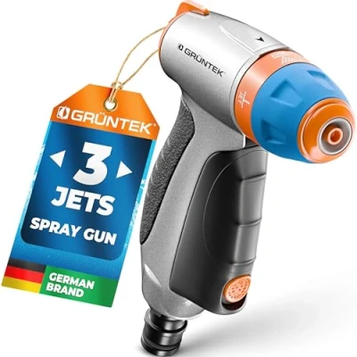 Image of GRÜNTEK Metal Garden Hose Jet Spray Gun: High Pressure Nozzle for Car Washing, Cleaning, or Fine Shower Watering Flowers, Lawn, and