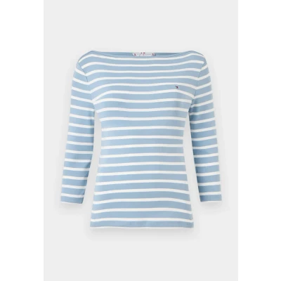 Image of Tommy Hilfiger Women’s Long Sleeve Slim Fit New Cody Top with Boat Neck, Multicolor (Brisk Blue/Ecru STP), L