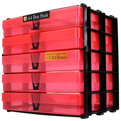 Image of WestonBoxes A4 Box Stak, Stackable Craft Storage Unit Including Plastic Boxes with Lids (Red, Pack of 1)