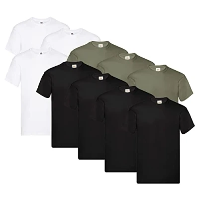 Image of Fruit of the Loom Men&#039;s Original T Shirt (Pack 10), 4 x Black + 3 White Olive 1 Hl Purchase Notepad, M