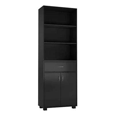 Image of URBNLIVING 5 Tier Wooden Free Standing Tall Display Cabinet Bookcase Unit Wide Open Shelves Drawer Storage (Black)