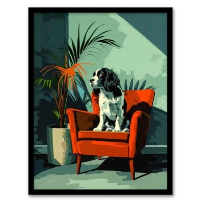 Image of Artery8 Springer Spaniel Dog Lover Red Armchair Portrait For Living Room Artwork Framed Wall Art Print 18X24 Inch