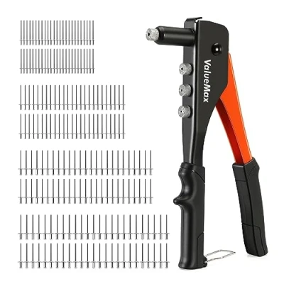 Image of ValueMax 4 in 1 Rivet Gun Set with 200 Rivets Pop Riveter Sizes Interchangeable Nosepieces 3/32&quot;(2.4mm), 1/8&quot;(3.2mm), 5/32&quot;(4.0mm), 3/16&quot;(4.8mm) Heavy Duty Kit