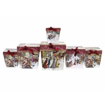 Image of Festive Snowy village scene design red square gift boxes