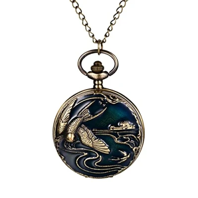 Image of JewelryWe Quartz Pocket Watch for Men Women Vintage Stylish Swallow Pattern Carved Pendant Necklace