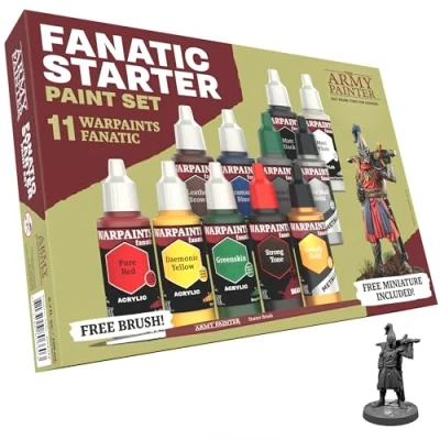Image of The Army Painter Warpaints Fanatic: Starter Set, 11 x 18 ml Acrylic Paints, incl. Metallics, Wash, Brush On Primer, 1 Miniature &amp; paint set for D&amp;D Warhammer Figures