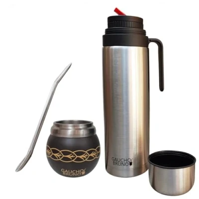 Image of Gaucho Bruno Stainless Steel Mate to Drink Yerba Maintains Temperature Designed Look Like a Natural Gourd with Bombilla and 1 Litre Flask Precision Pour Spout pico Cebador