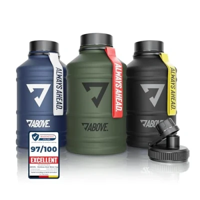 Image of ABOVE. Stainless Steel Water Bottle 1.3L or 2.2L I 2 Lids Included BPA Free, 100% Leak Proof &amp; Durable Large Litre Metal Jug for Fitness, Sports Outdoor NOT Insulated (1.3L olive)